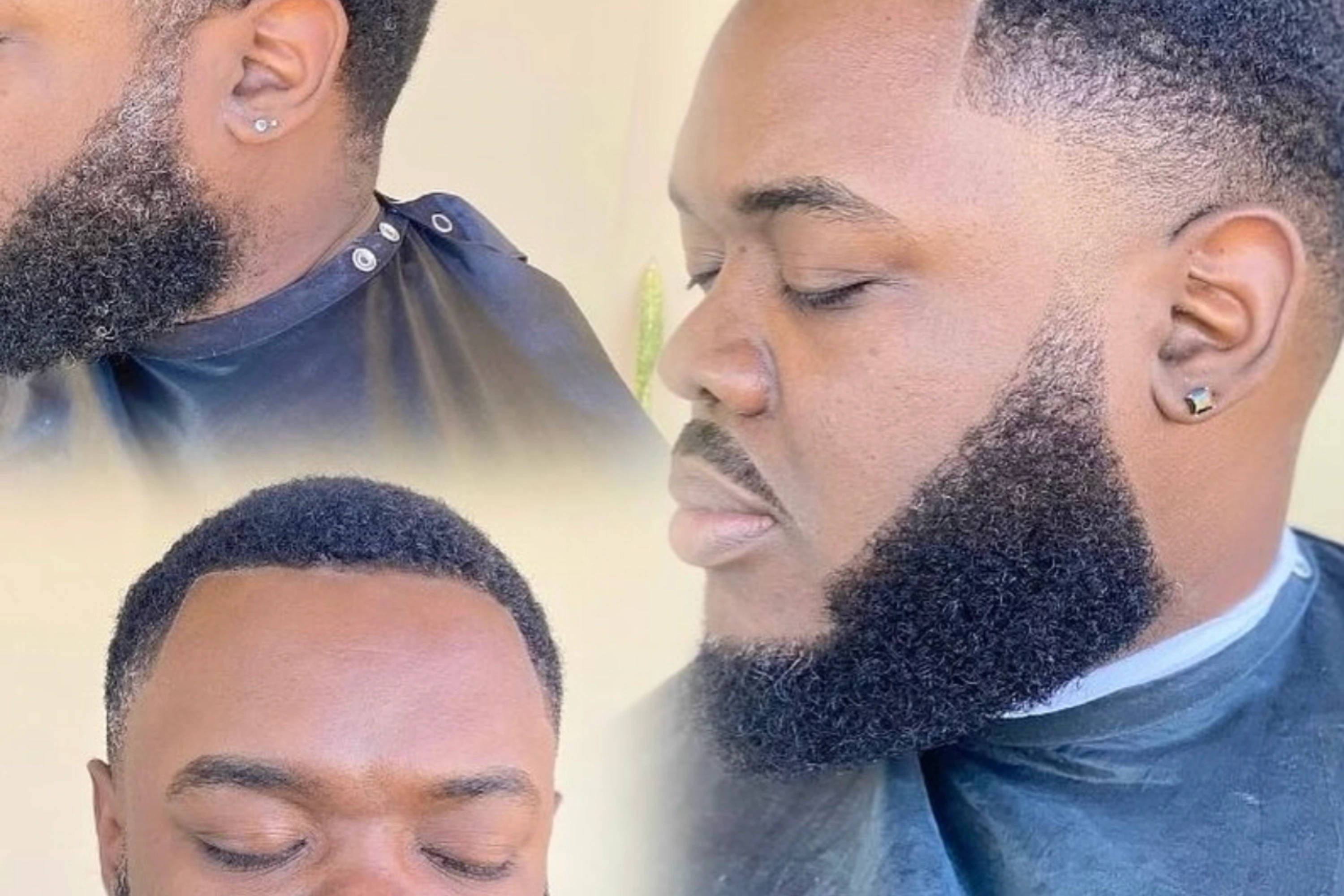 A collage showing a client’s finished haircut and shaped beard from several angles.